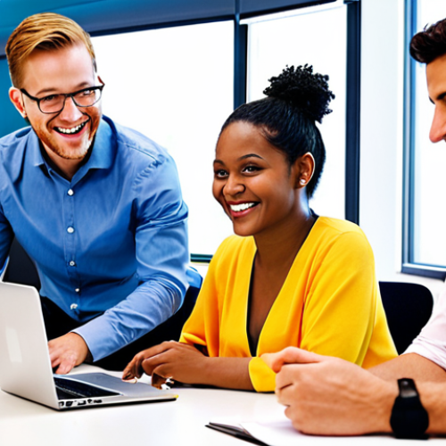 **Image Prompt:** A diverse group of professionals engaged in a peer review session, showcasing collaborative brainstorming and idea sharing. Emphasize a supportive and encouraging atmosphere with laptops, documents, and smiling faces.  Style: Bright, modern office setting.