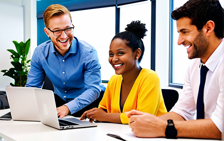 **Image Prompt:** A diverse group of professionals engaged in a peer review session, showcasing collaborative brainstorming and idea sharing. Emphasize a supportive and encouraging atmosphere with laptops, documents, and smiling faces. Style: Bright, modern office setting.