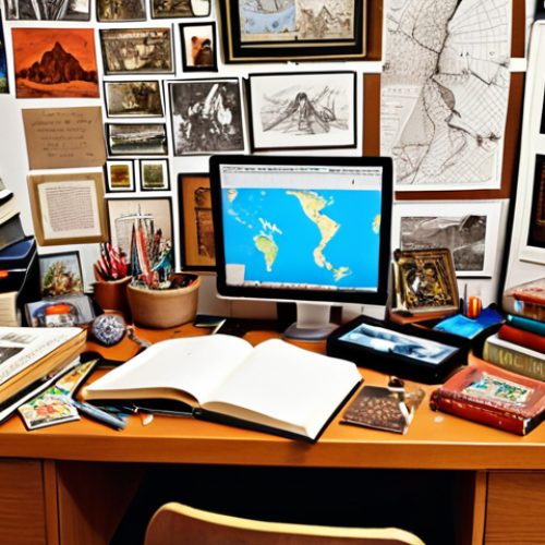 **Curious Innovator's Desk:** A cluttered but inspiring desk with books, travel souvenirs, and sketches. Focus on representing curiosity and a global perspective, with elements suggesting continuous learning and open-mindedness.