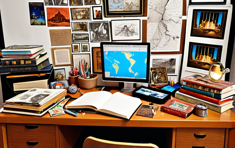 **Curious Innovator's Desk:** A cluttered but inspiring desk with books, travel souvenirs, and sketches. Focus on representing curiosity and a global perspective, with elements suggesting continuous learning and open-mindedness.