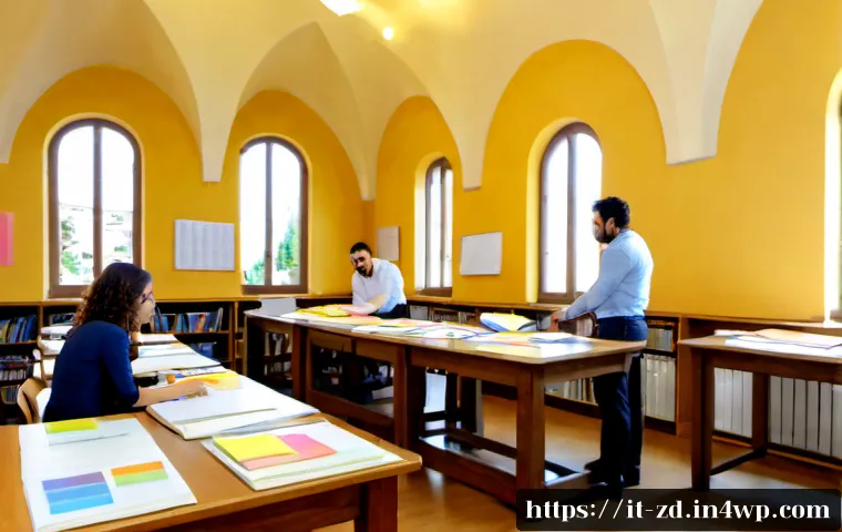 Home 28 지식 경계 확장을 위한 사례 연구 분석 - Photorealistic case study analysis scene in a bright Italian university library, a diverse team of a...